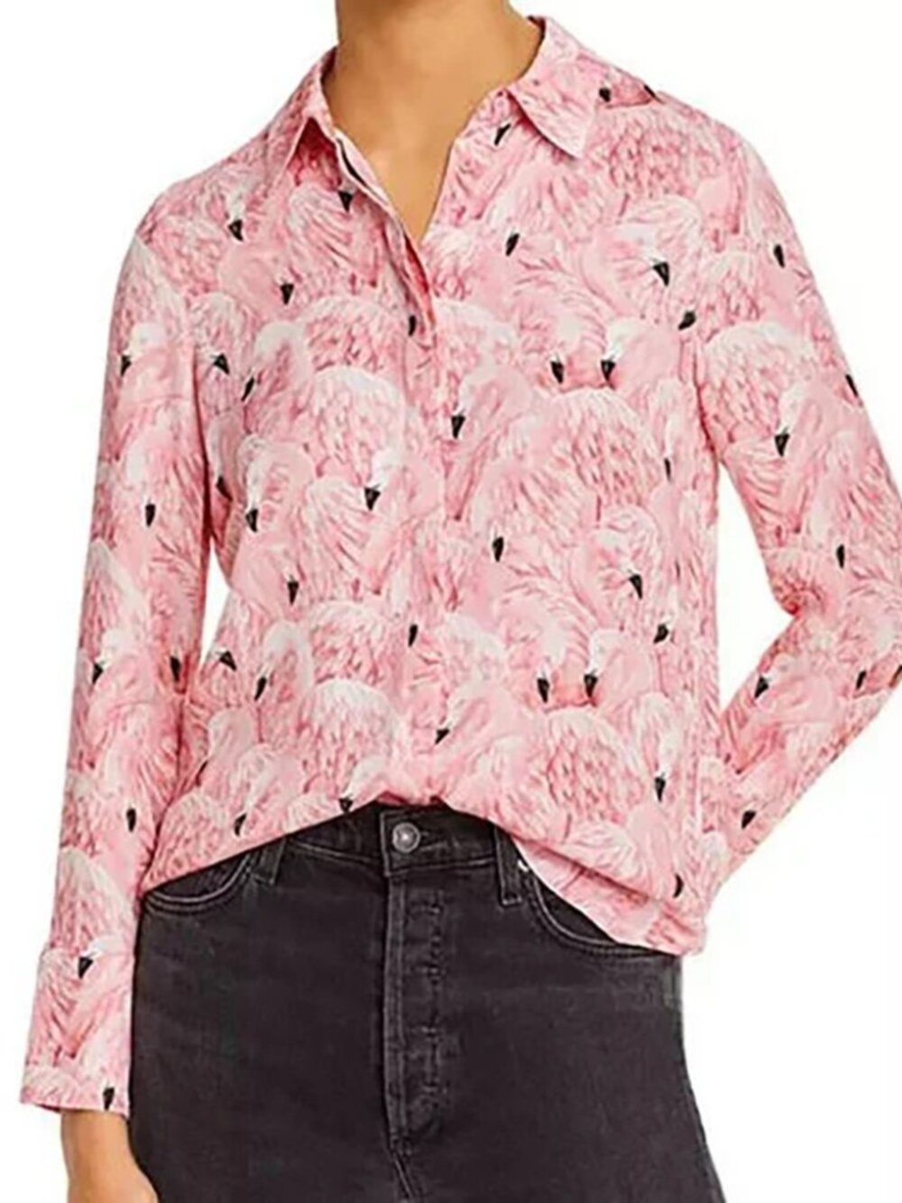 Alice + Olivia Willa Nathan Flamingo Print Pink Blouse Top Shirt Bird Feather XL